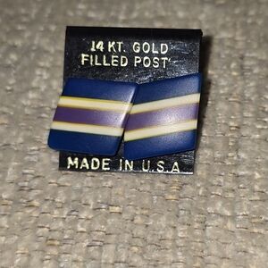 Vintage 80s Blue and Purple Striped Earrings With 14k Gold Filled Posts